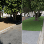 Before and after of an artificial grass installation around a tree